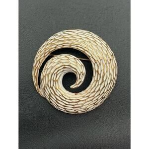 Vintage Mid Century Modern BSK Diamond Cut Gold Tone & White Round Swirl Brooch